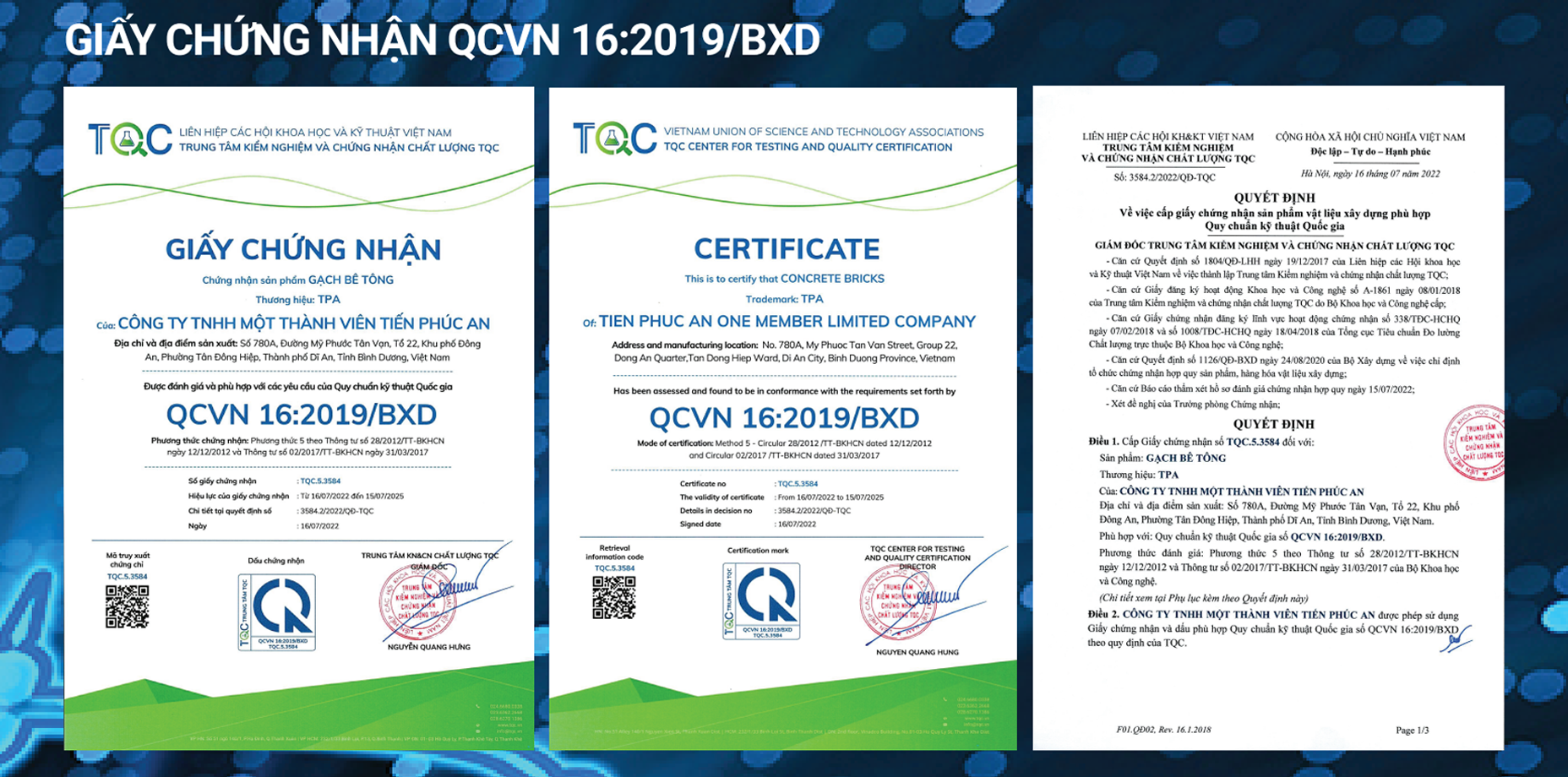 Giấy chứng nhận QCVN 16:2019/BXD